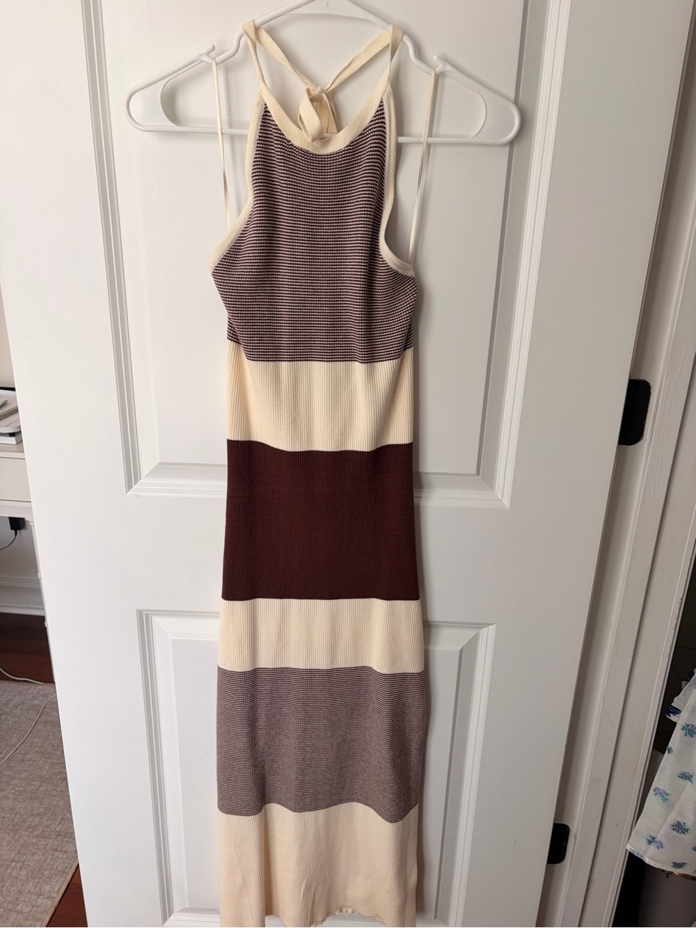 NWT Endless Blu Brown Cream Striped Ribbed Knit Maxi Dre